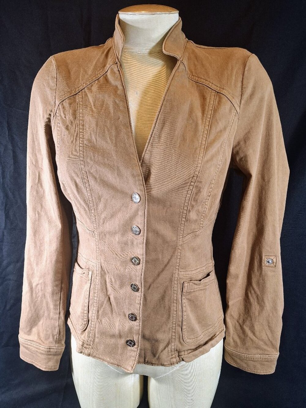White House Black Market Snap Close Soft Camel Tan Denim Jacket Size 6